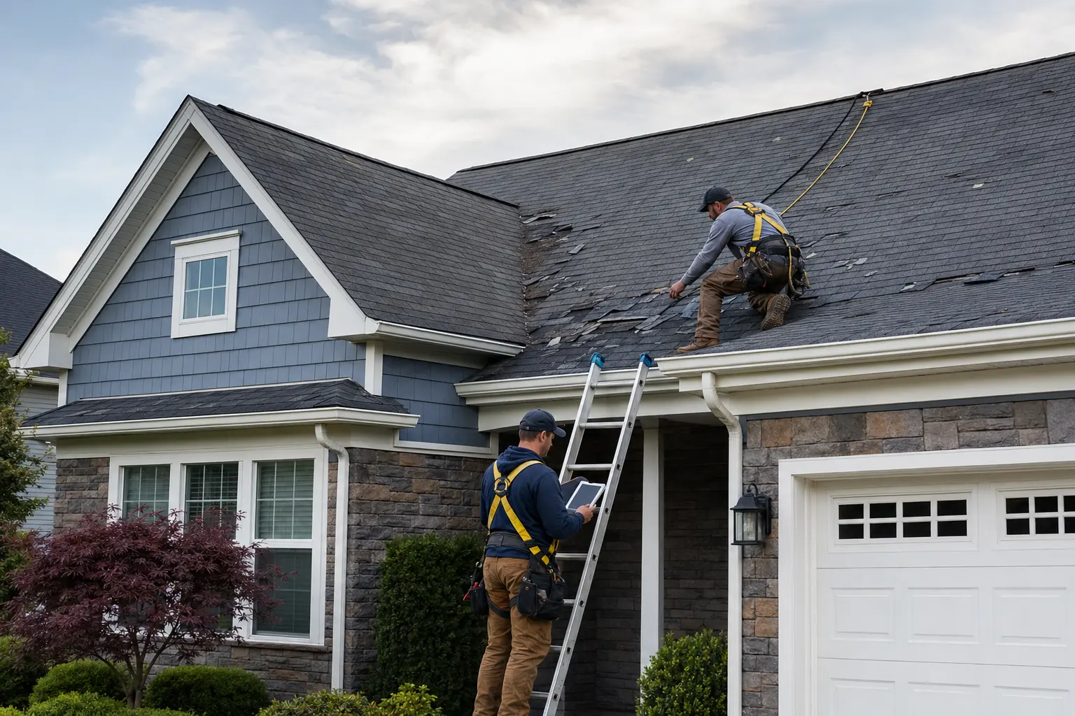 Representative roofing growth-system visual showing a storm-damaged roof inspection